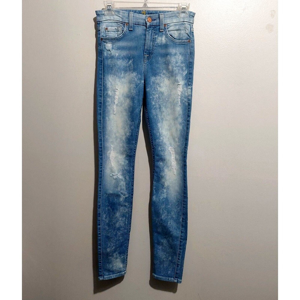 7 For All Mankind The Skinny Acid Wash Distressed Jeans Light Blue Denim Size 24